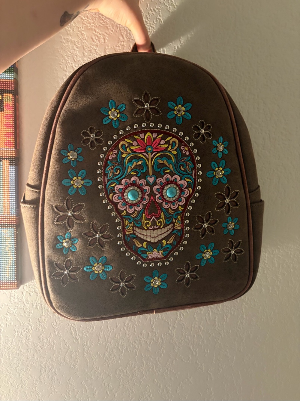 Montana West Brown Embroidered Sugar Skull Backpack with Turquoise Accents